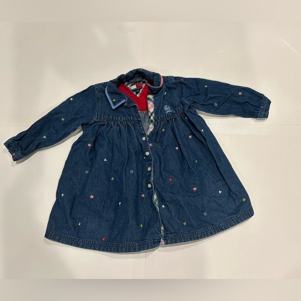 Tommy Hilfiger Baby Dress Denim Jean 18-24 Month Button Up Embroidered Floral